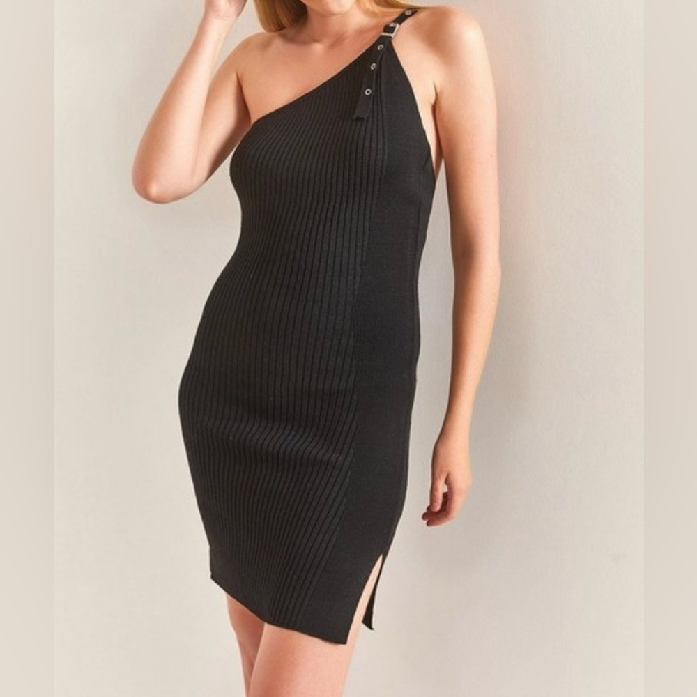 NWT Zara Asymmetric Buckle Knit Mini Dress - Black - Size M